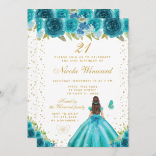Teal Floral Brunette Hair Princess Birthday Party Invitation