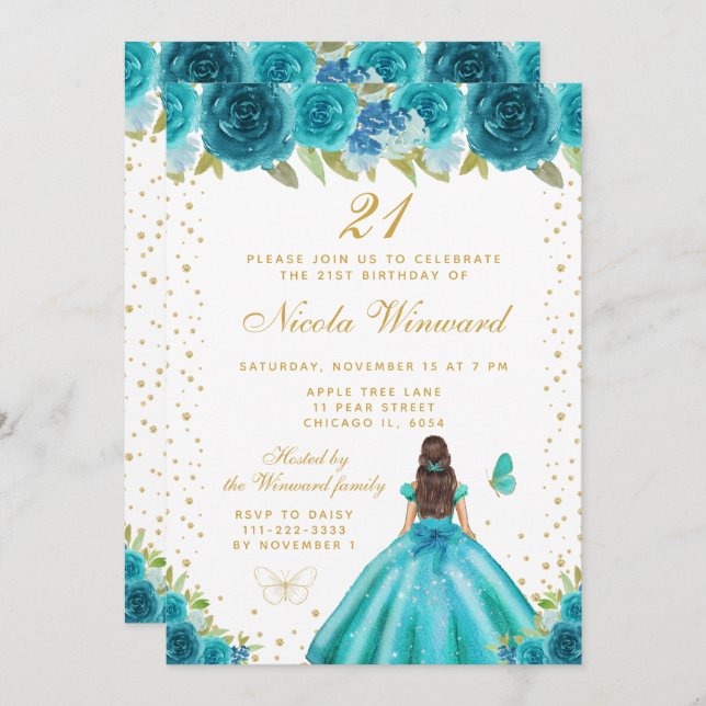 Teal Floral Brunette Hair Princess Birthday Party Invitation (Front/Back)