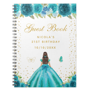 Teal Floral Brunette Hair Princess Birthday Party Notebook