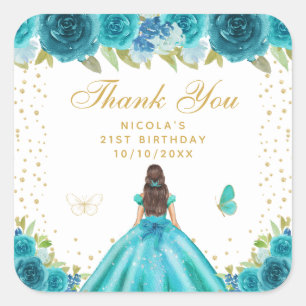 Teal Floral Brunette Hair Princess Birthday Party Square Sticker