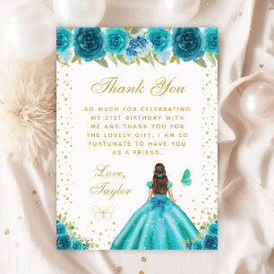 Teal Floral Brunette Hair Princess Birthday Party Thank You Card