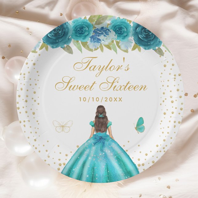 Teal Floral Brunette Hair Princess Sweet Sixteen Paper Plate (Creator Uploaded)