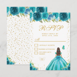 Teal Floral Brunette Hair Princess Sweet Sixteen RSVP Card