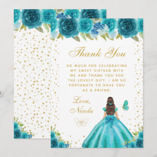 Teal Floral Brunette Hair Princess Sweet Sixteen Thank You Card