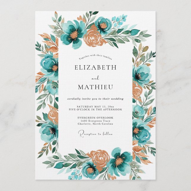 Teal Floral Brushstroke Romance Wedding Invitation (Front)