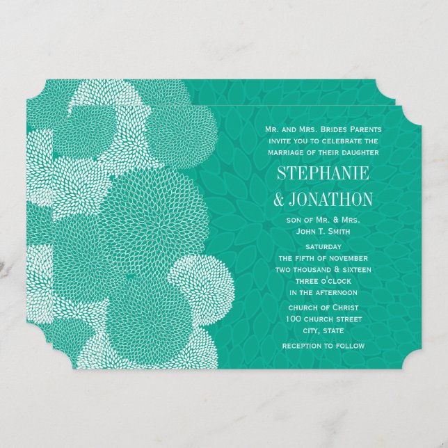 Teal Floral Chrysanthemum Wedding Invitations (Front/Back)