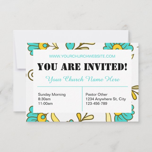 Teal Floral Church Invitation Card (Front)