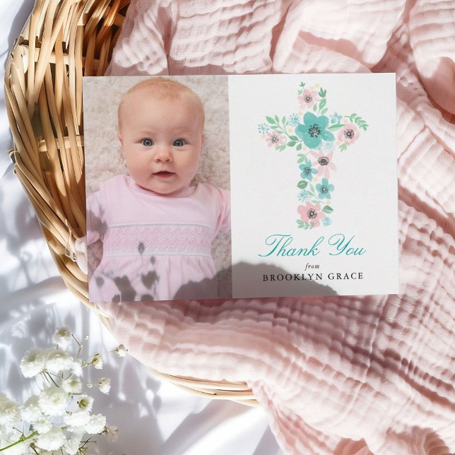 Teal Floral Cross Baptism / Christening Thank You Postcard (Creator Uploaded)