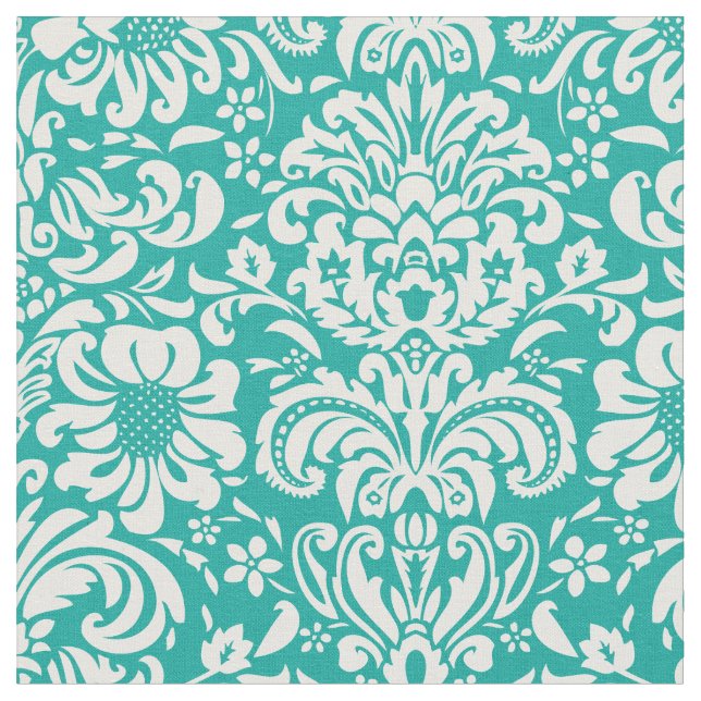 Teal Floral Damask Fabric (Close Up)