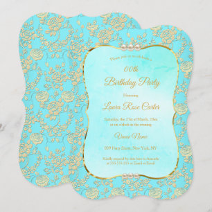 Teal floral Damask rose Gold Birthday Party Invitation