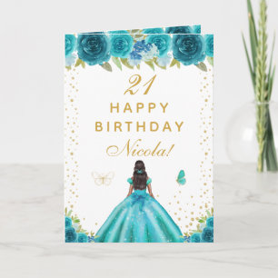 Teal Floral Dark Skin Girl Birthday Card
