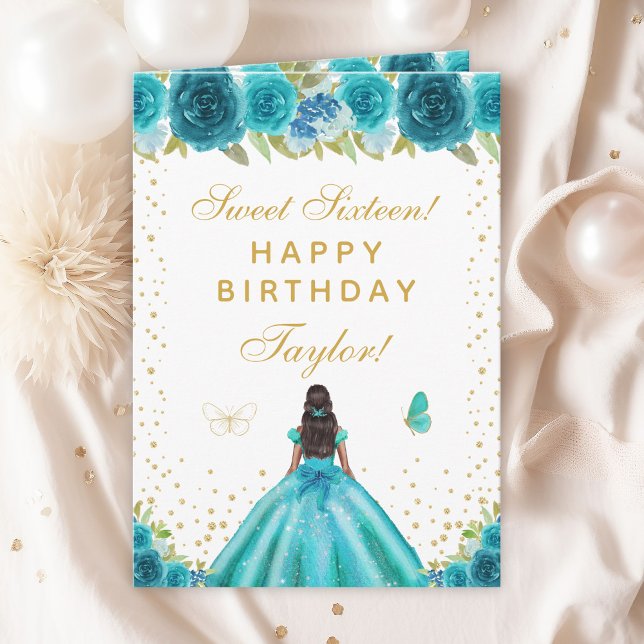 Teal Floral Dark Skin Girl Sweet Sixteen Card (Creator Uploaded)