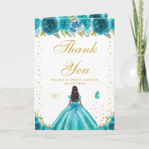 Teal Floral Dark Skin Girl Sweet Sixteen Thank You Card