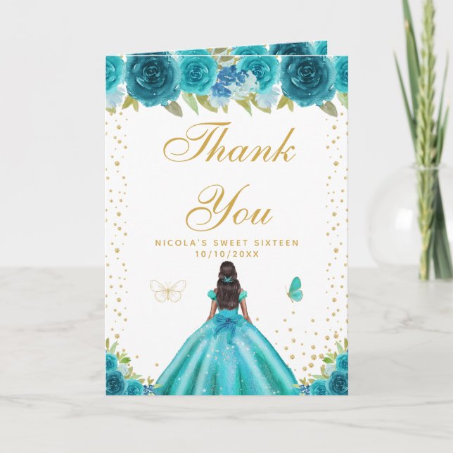 Teal Floral Dark Skin Girl Sweet Sixteen Thank You Card (Front)