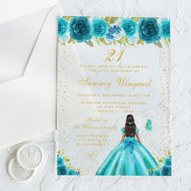 Teal Floral Dark Skin Princess Birthday Party Acrylic Invitations (Creator Uploaded)