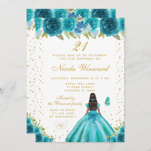 Teal Floral Dark Skin Princess Birthday Party Invitation