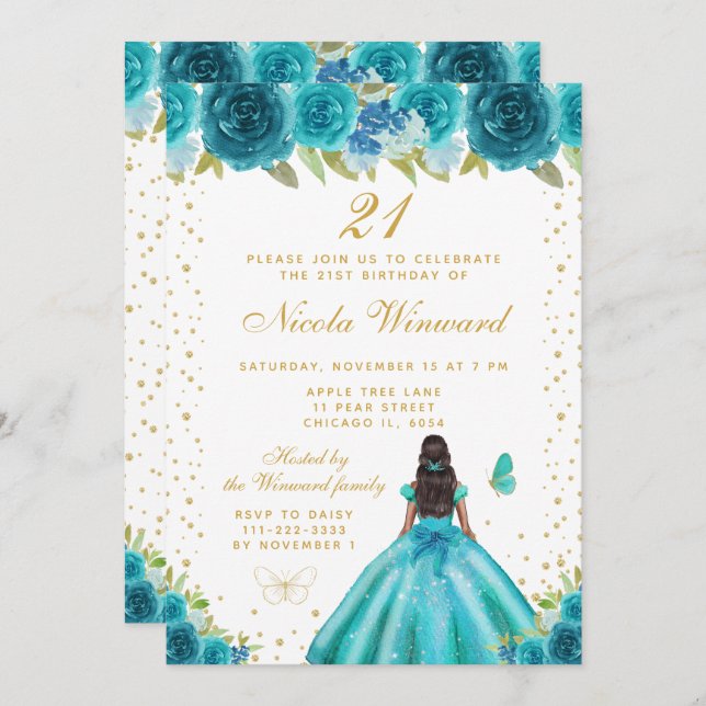 Teal Floral Dark Skin Princess Birthday Party Invitation (Front/Back)