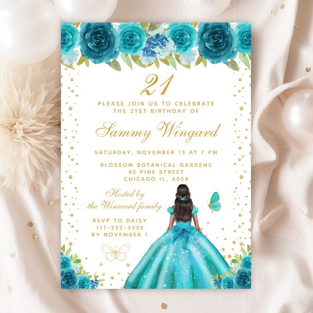 Teal Floral Dark Skin Princess Birthday Party Invitation (Creator Uploaded)