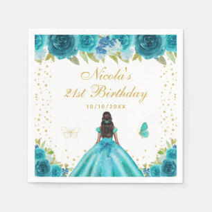 Teal Floral Dark Skin Princess Birthday Party Napkin