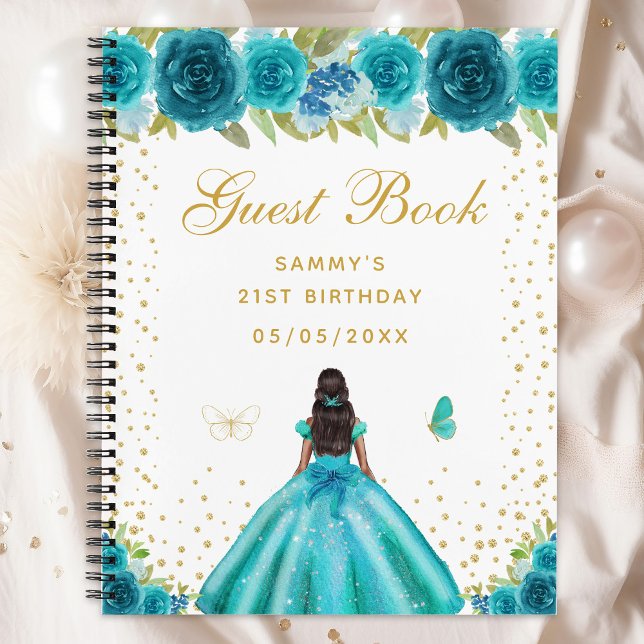 Teal Floral Dark Skin Princess Guest Book (Creator Uploaded)