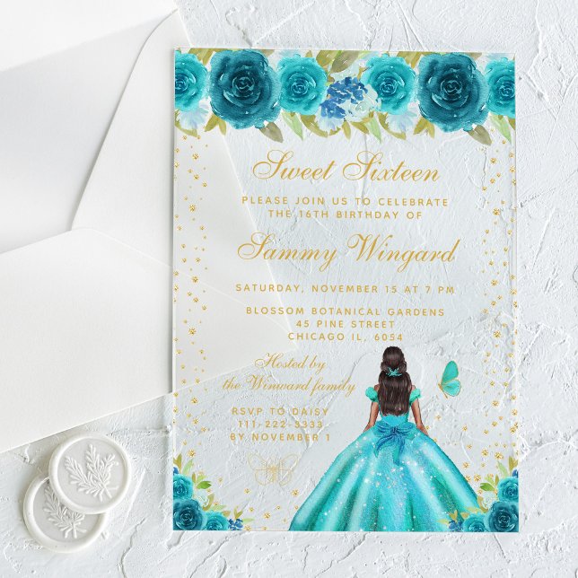 Teal Floral Dark Skin Princess Sweet Sixteen Acrylic Invitations (Creator Uploaded)
