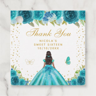 Teal Floral Dark Skin Princess Sweet Sixteen Favour Tags