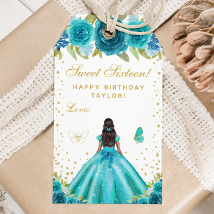 Teal Floral Dark Skin Princess Sweet Sixteen Gift Tags