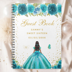 Teal Floral Dark Skin Princess Sweet Sixteen Notebook