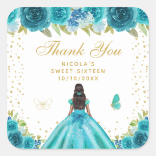 Teal Floral Dark Skin Princess Sweet Sixteen Square Sticker