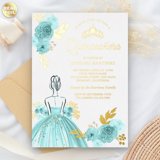 Teal Floral Dress Princess Quinceanera Gold (Creator Uploaded)