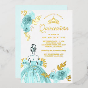 Teal Floral Dress Princess Quinceanera Gold