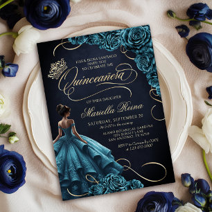 Teal Floral Dress Quinceañera Invitation