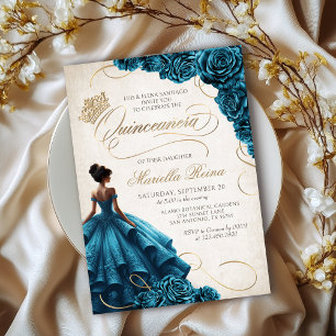 Teal Floral Dress Quinceañera Invitation