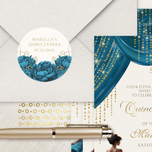 Teal Floral Elegant Quinceanera Classic Round Sticker