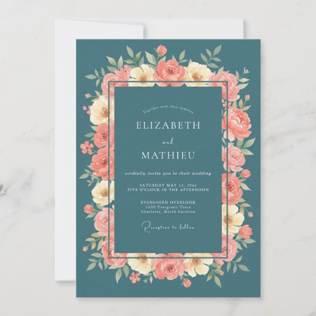 Teal Floral Embrace Wedding Invitation (Front)