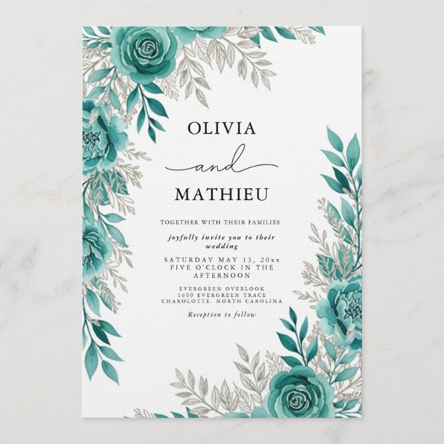 Teal Floral Ethereal Wedding Invitation (Front)