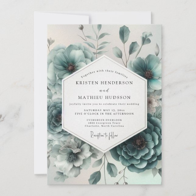 Teal Floral Ethereal Wedding Invitation (Front)
