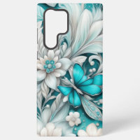 Teal Floral Fluffy White Feathers