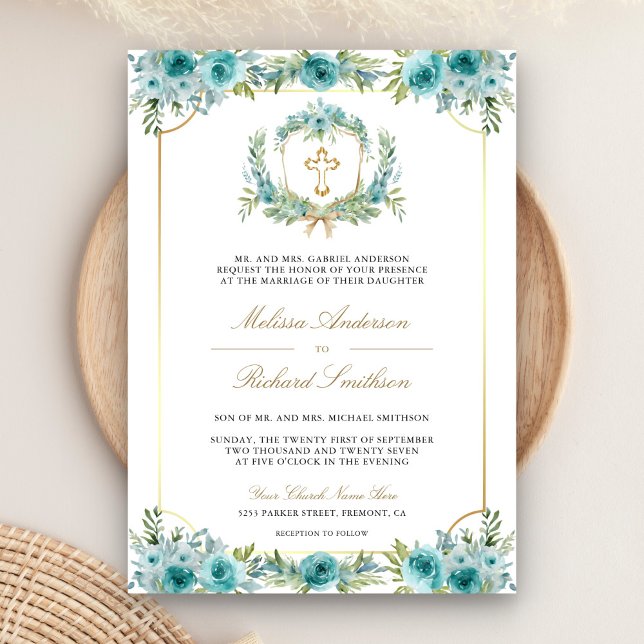 Teal Floral Gold Catholic Cross QR Code Wedding Invitation (Creator Uploaded)