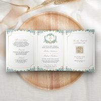 Teal Floral Gold Catholic Cross QR Code Wedding