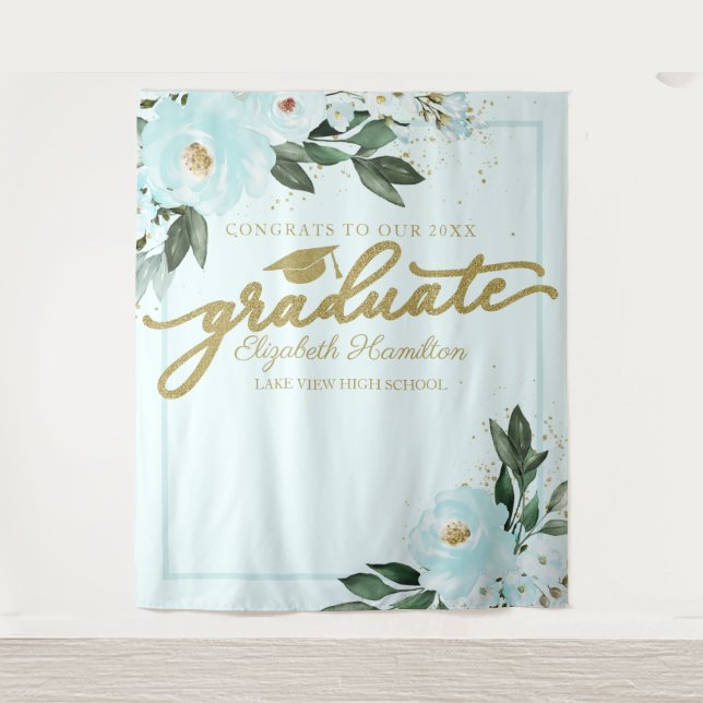 Teal Floral Graduation Party Photo Backdrop Tapestry (Front)