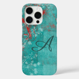 Teal Floral Grunge Red Monogram iPhone 16 Pro Case