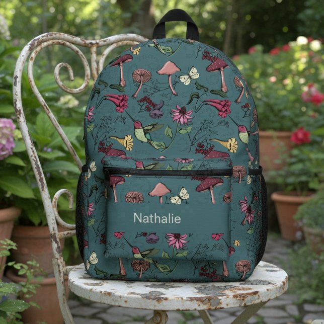 Teal Floral Hummingbird Nature Pattern Printed Backpack (Modern Colorful Hummingbird & Flower Teal Backpack for Her. Fun Girly Floral Hummingbirds Pattern )