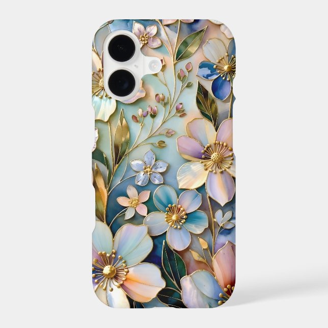 Teal Floral iPhone Case Pastel Gold Flowers (Back)