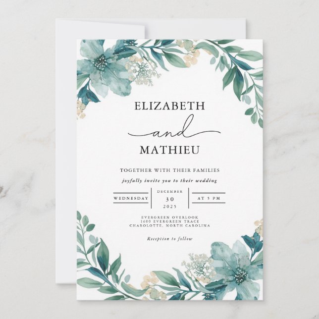 Teal Floral Lush Flourish Wedding Invitation (Front)
