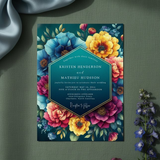 Teal Floral Lush Romance Wedding Invitation (Creator Uploaded)