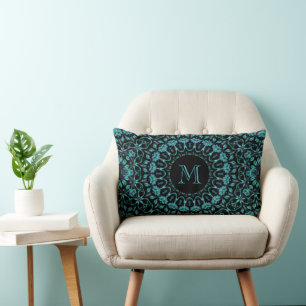 Teal Floral Mandala Monogram Lumbar Cushion
