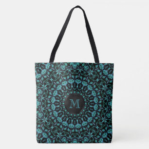Teal Floral Mandala Monogram Tote Bag