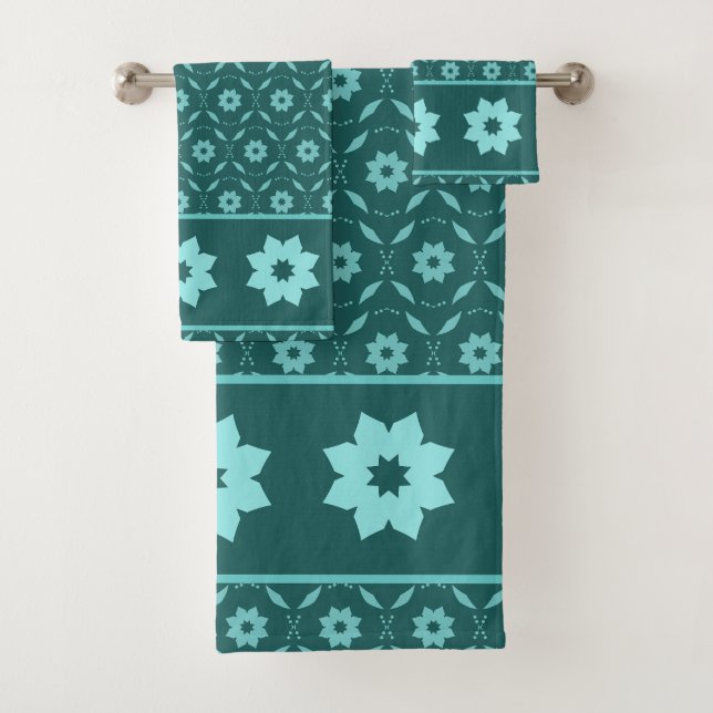 Teal Floral Mandala Star Seamless Pattern Bath Towel Set (Insitu)