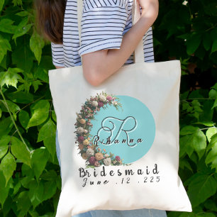 Teal Floral Monogram Tote Bag Bridal Party